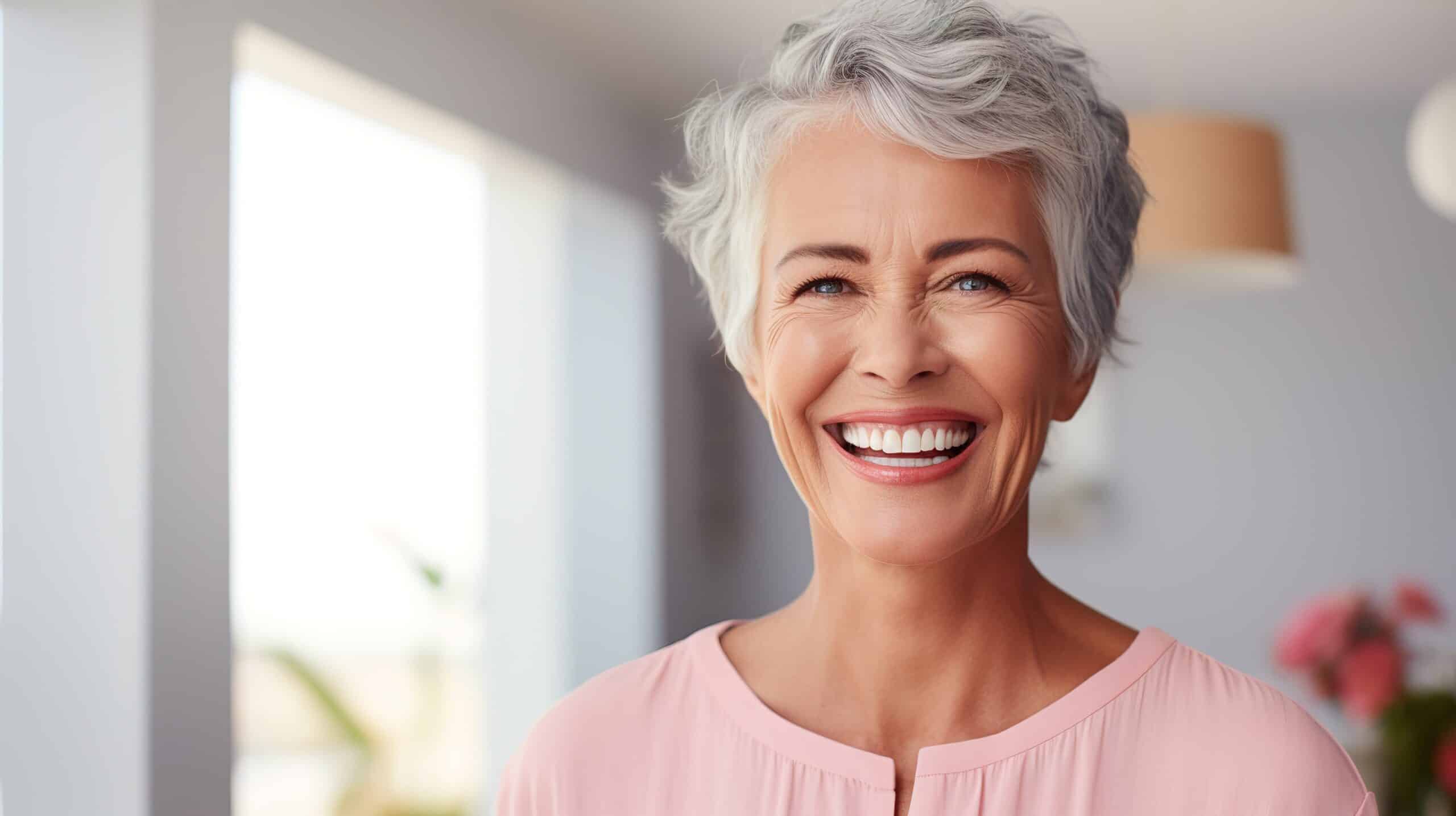 A joyful older woman with a bright smile in a well-lit room.