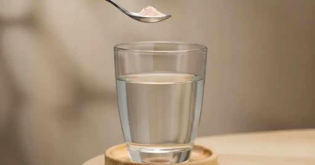 A spoon adding salt into a glass of warm water on a wooden surface, showing a simple home remedy for soothing sore throats and oral care.