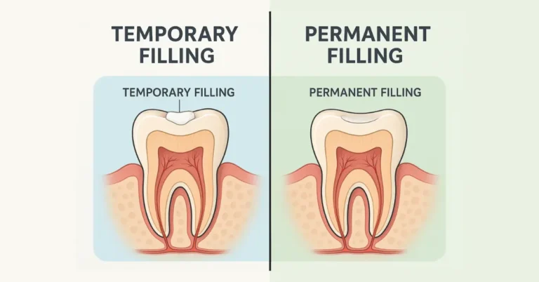Dental illustration comparing a temporary tooth filling and a permanent filling, showing their placement inside the tooth structure.