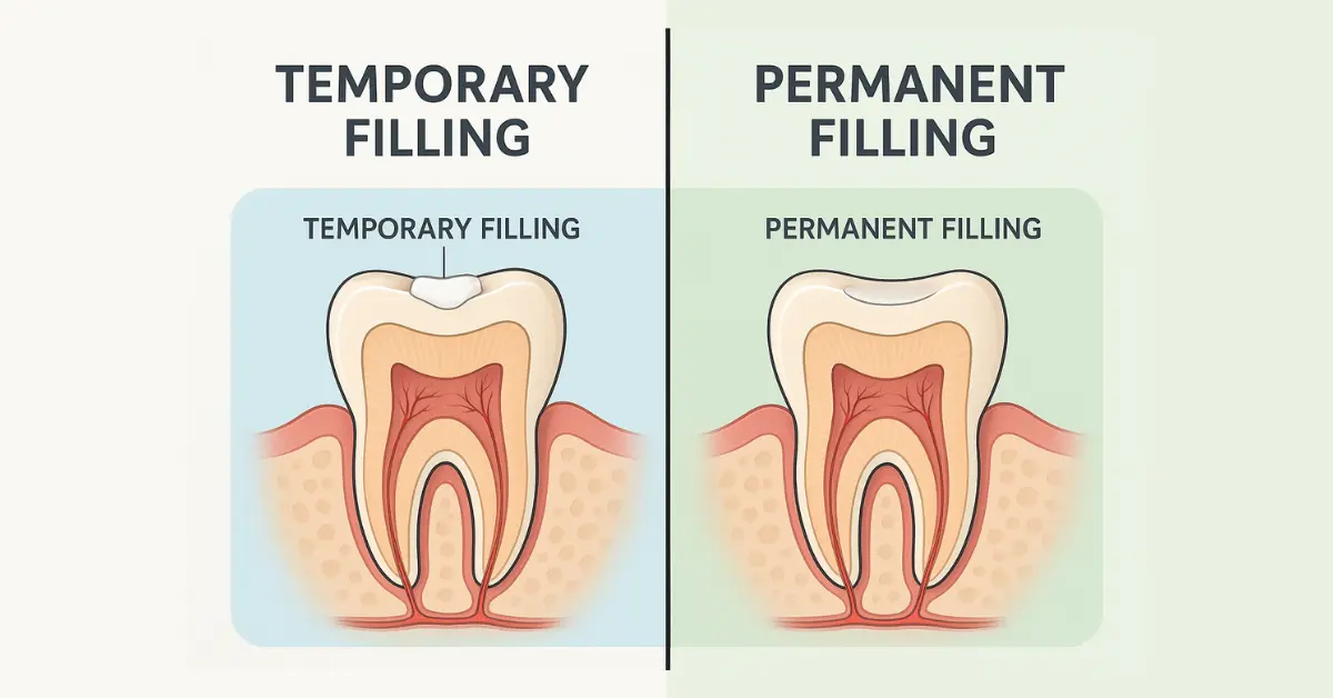 Dental illustration comparing a temporary tooth filling and a permanent filling, showing their placement inside the tooth structure.