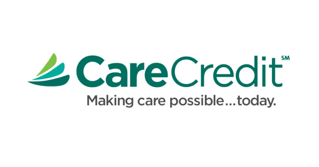 CareCredit logo featuring green and teal abstract shapes with the tagline "Making care possible... today."