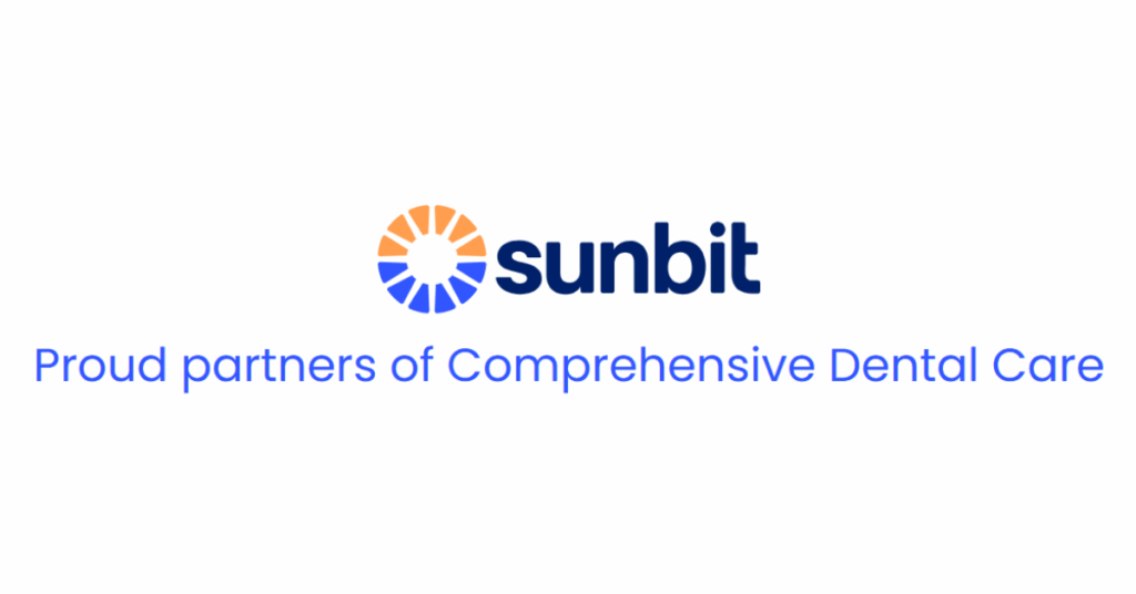 Sunbit logo with text reading "Proud partners of Comprehensive Dental Care" on a white background.