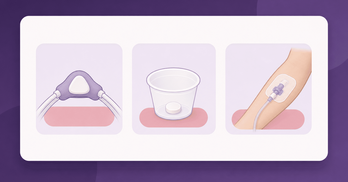 Comparison illustration of a dental nitrous oxide nasal hood, an oral sedative tablet in a medication cup, and a secured IV catheter.
