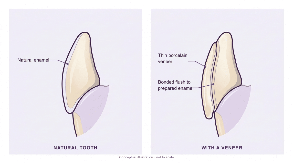 Conceptual side-view illustration comparing natural tooth enamel with a thin porcelain veneer bonded to prepared enamel; not to scale.